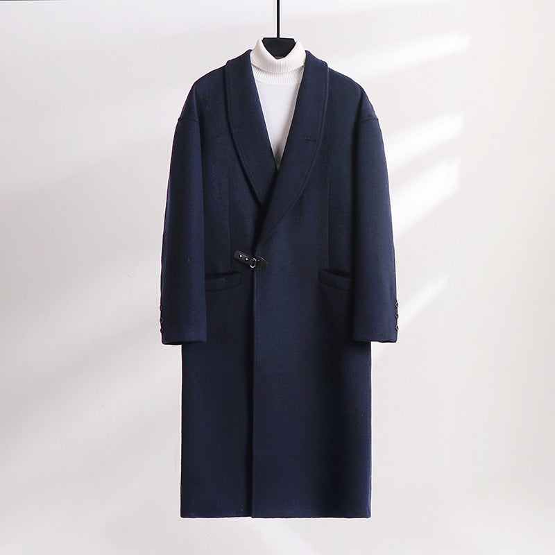 Men's Floor-Length Wool Blend Coat with Wide Shawl Collar and Decorative Toggle Closure Chichicherry