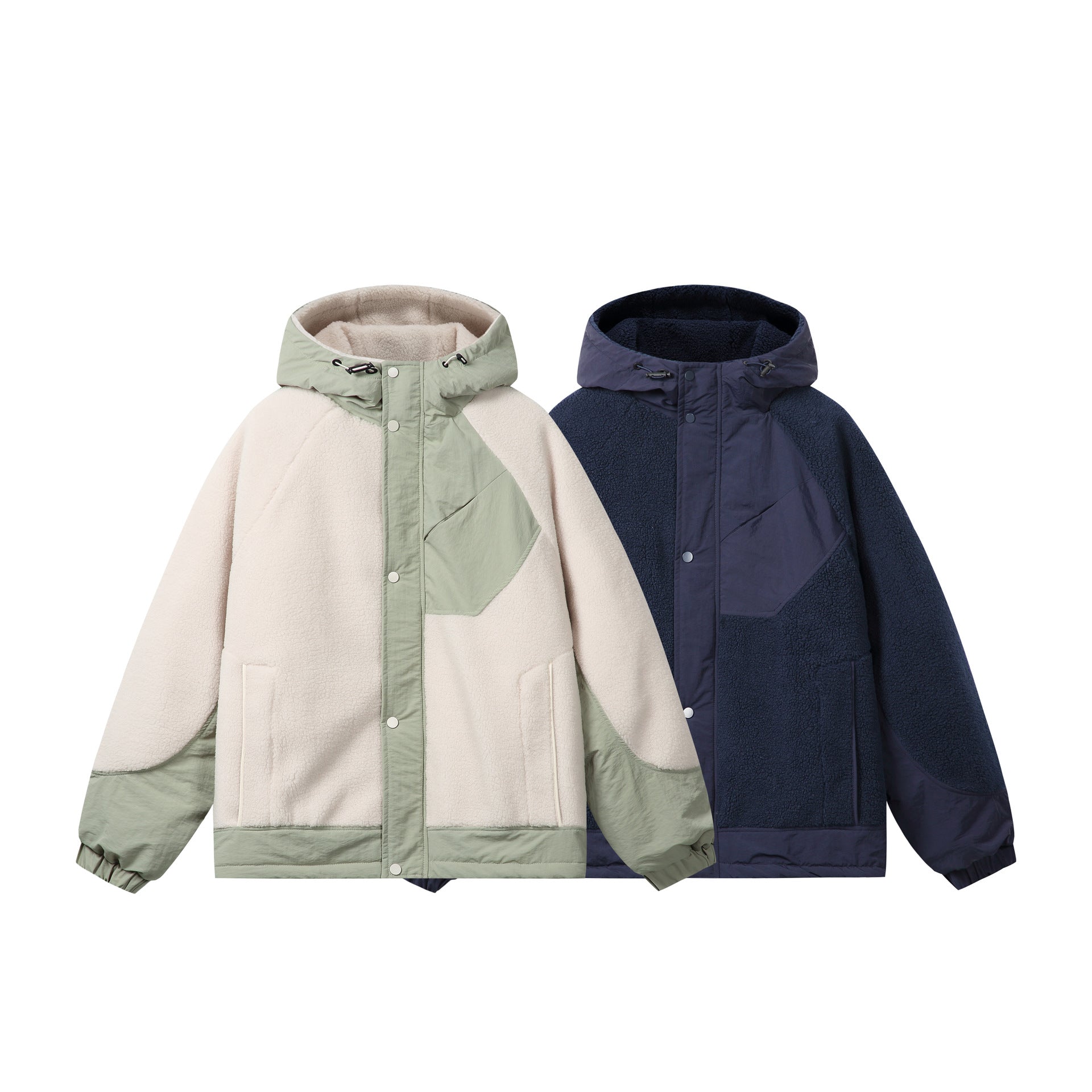Unisex Boxy Fleece Jacket with Hood and Contrasting Nylon Inserts Chichicherry