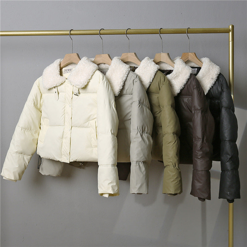 Women's short quilted winter jacket with wide teddy collar and drawstring Chichicherry