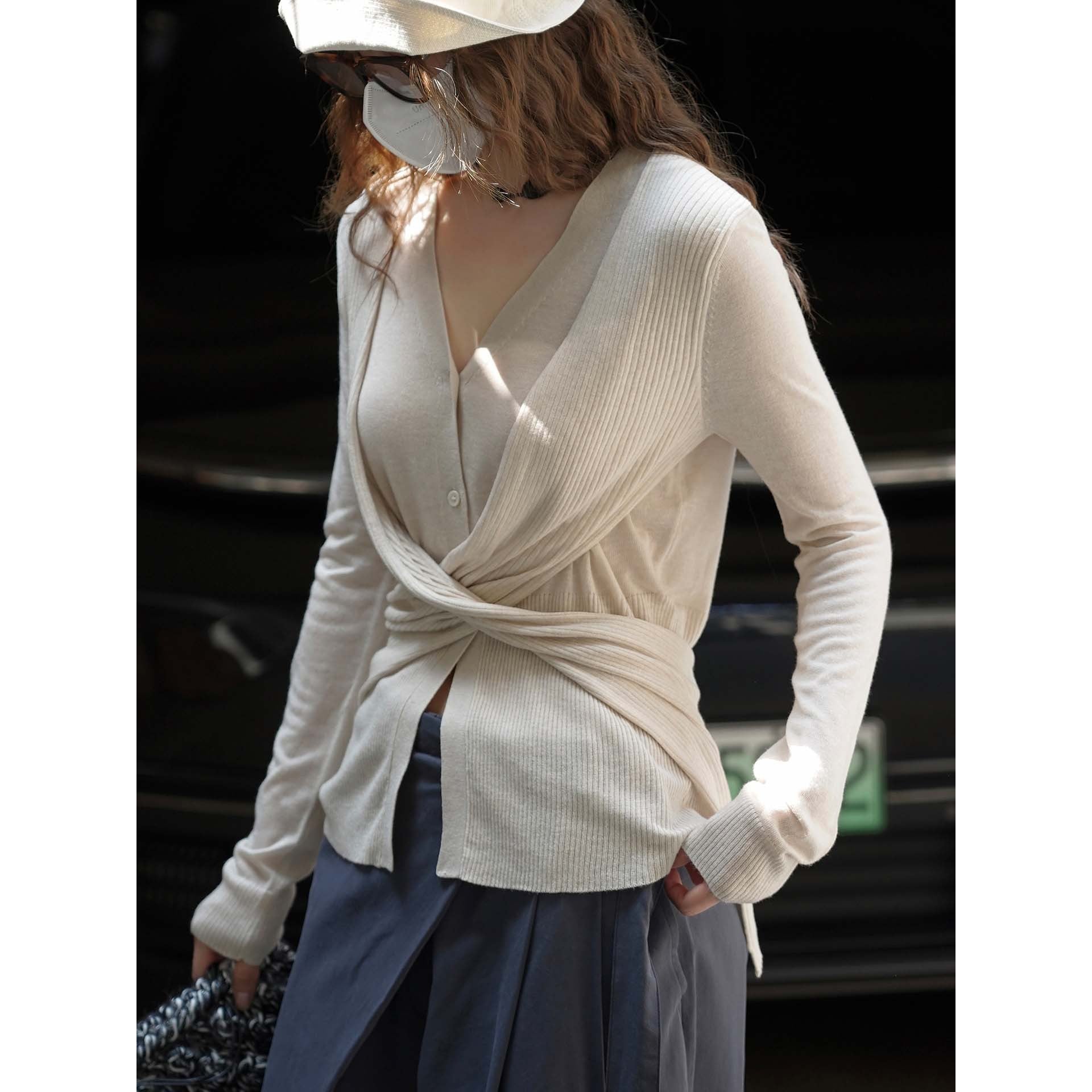 Ladies Fine V-Neck Cardigan with Long Shawl Edges and Ribbed Hem Chichicherry