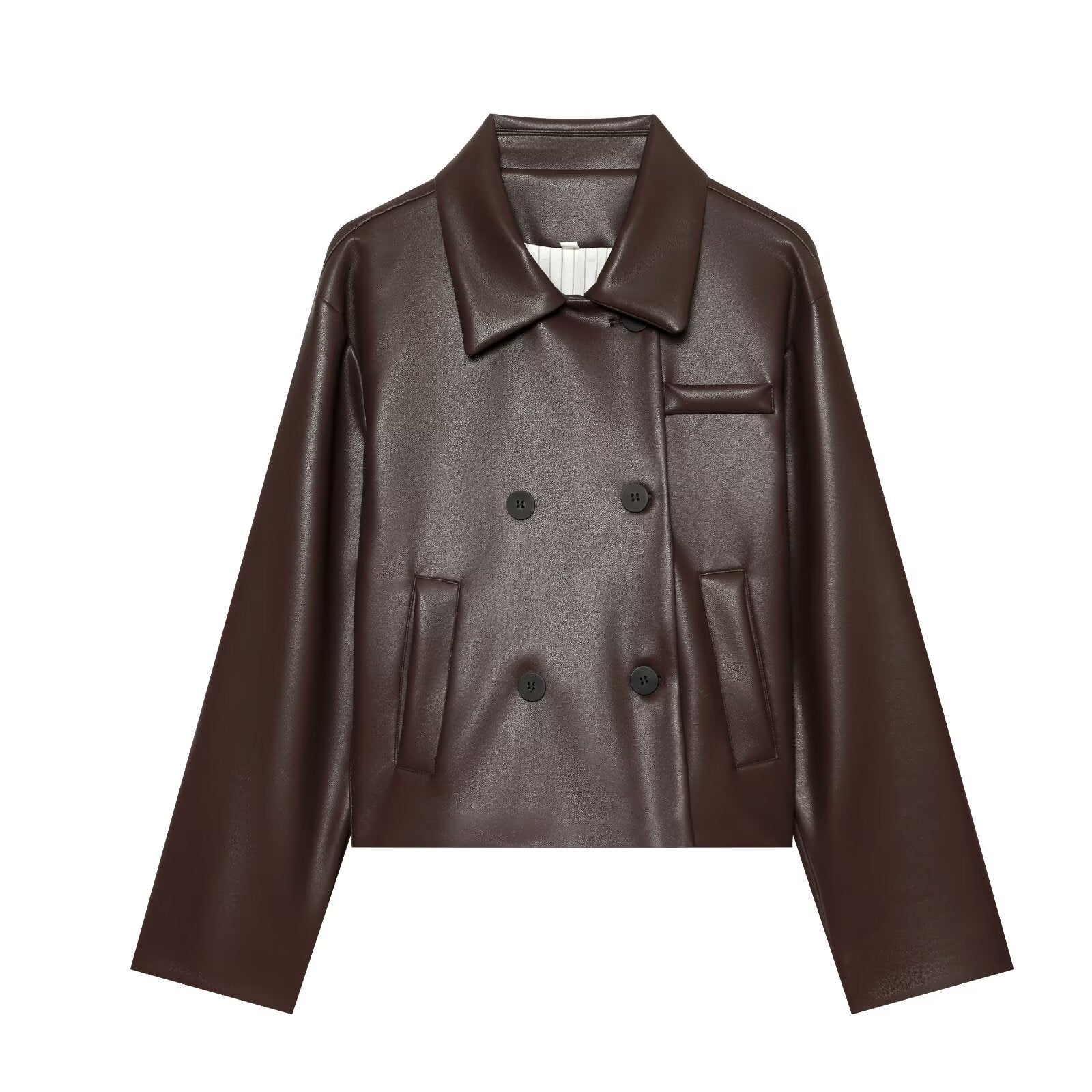 Women's Short Faux Leather Blouson with Double-Breasted Button Placket and Boxy Silhouette Chichicherry