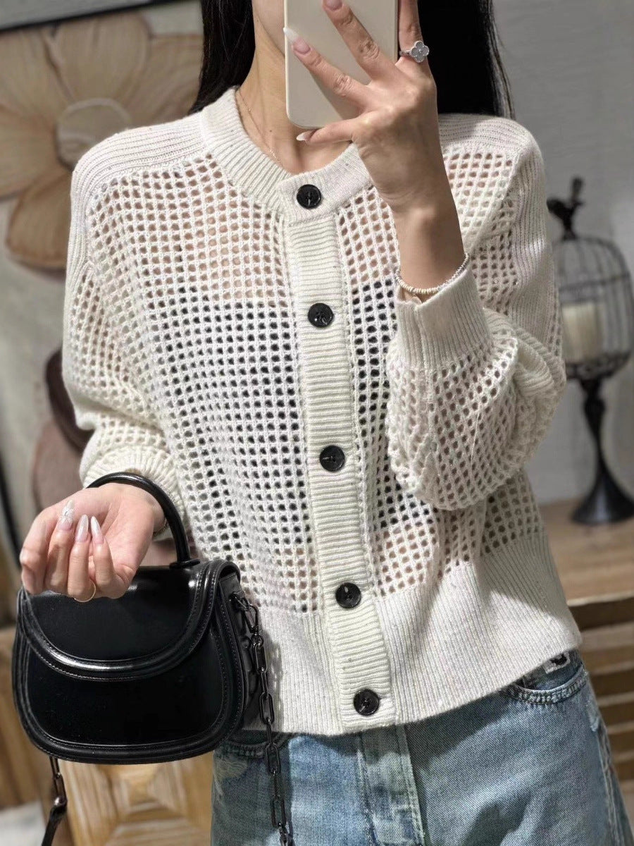 Ladies Loose Mesh Cardigan with Grid Ajour, Round Neckline and Button Placket Chichicherry