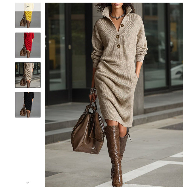 Women's ribbed midi dress with lapel collar, button placket, and patch pockets Chichicherry