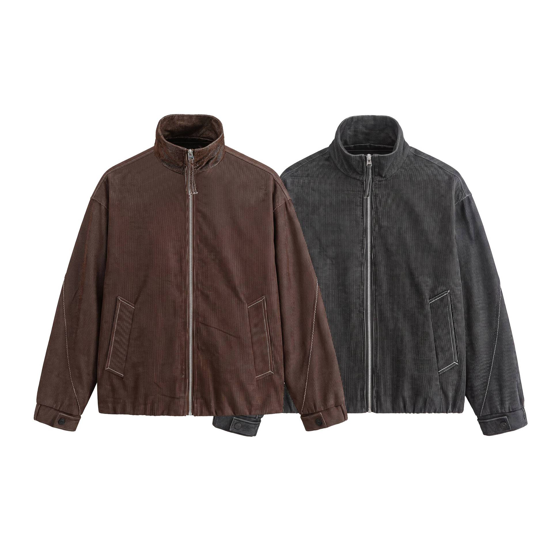Unisex Short Cord Boxy Blouson with Stand Collar, Continuous Zipper and Elastic Hem Chichicherry
