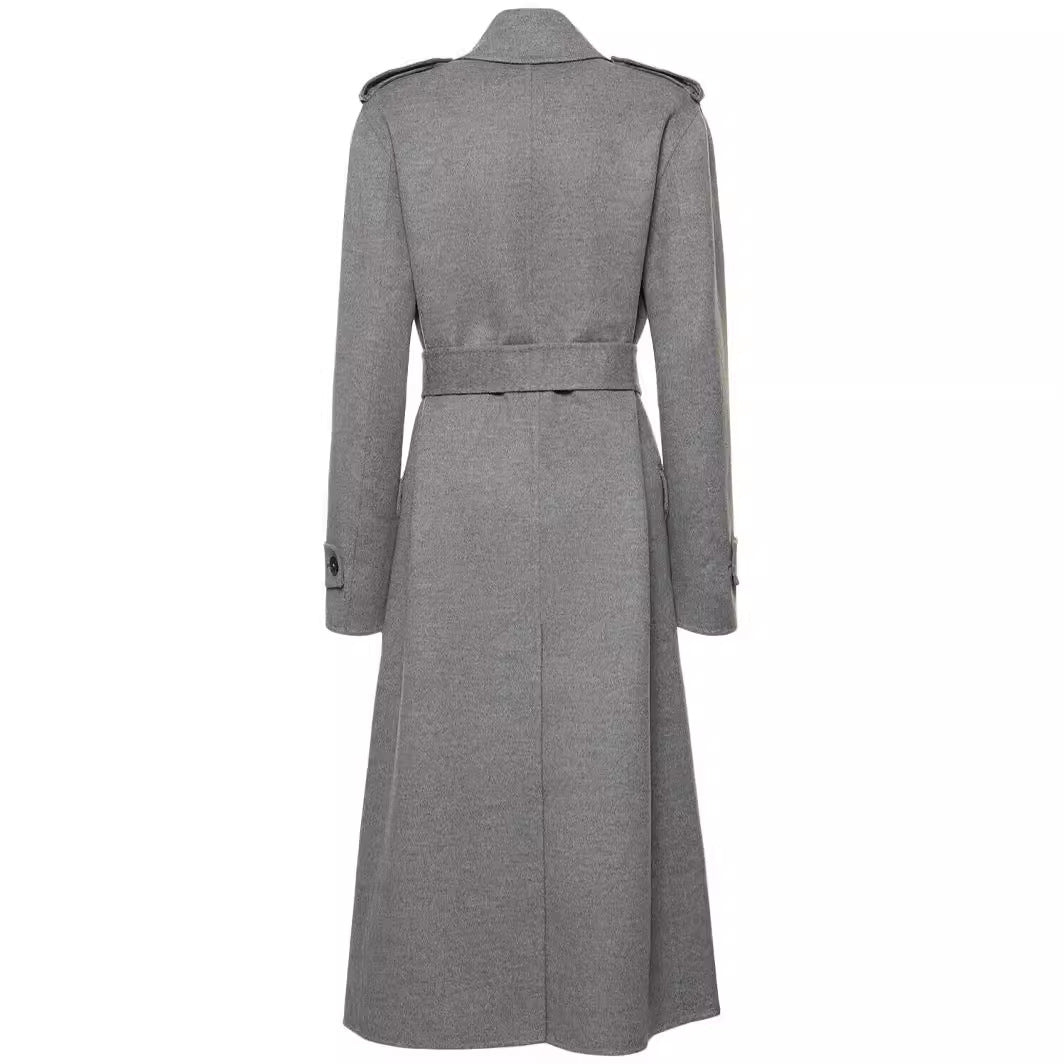 Women Mid-length Tailored Double-breasted Trench Coat made of Wool Blend with Flared Hem Chichicherry