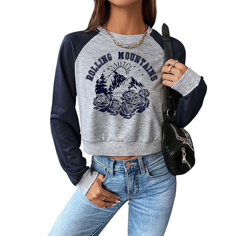 Women's Cropped Raglan Sweatshirt with Mountain Motif, Gathered Hem and Contrast Sleeves Chichicherry