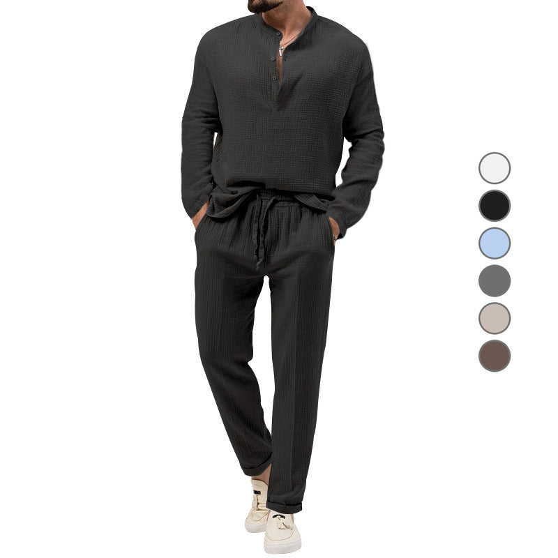 Men's Casual Two-Piece Lounge Set made of Cotton Gauze with Henley Top and Drawstring Pants Chichicherry