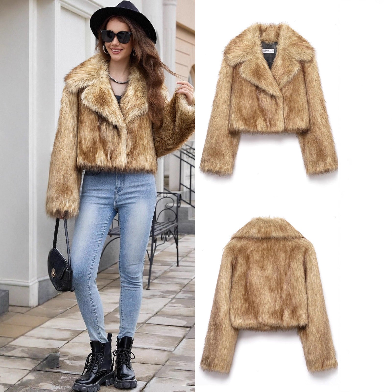 Women's Short Fitted Faux Fur Blouson with Wide Shawl Collar Chichicherry