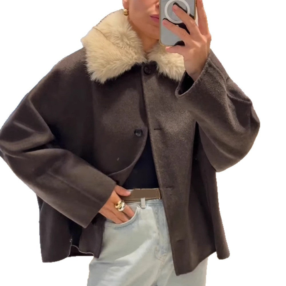Women's Boxy-Cropped Wool Blend Jacket with Soft Faux Fur Shawl Collar Chichicherry