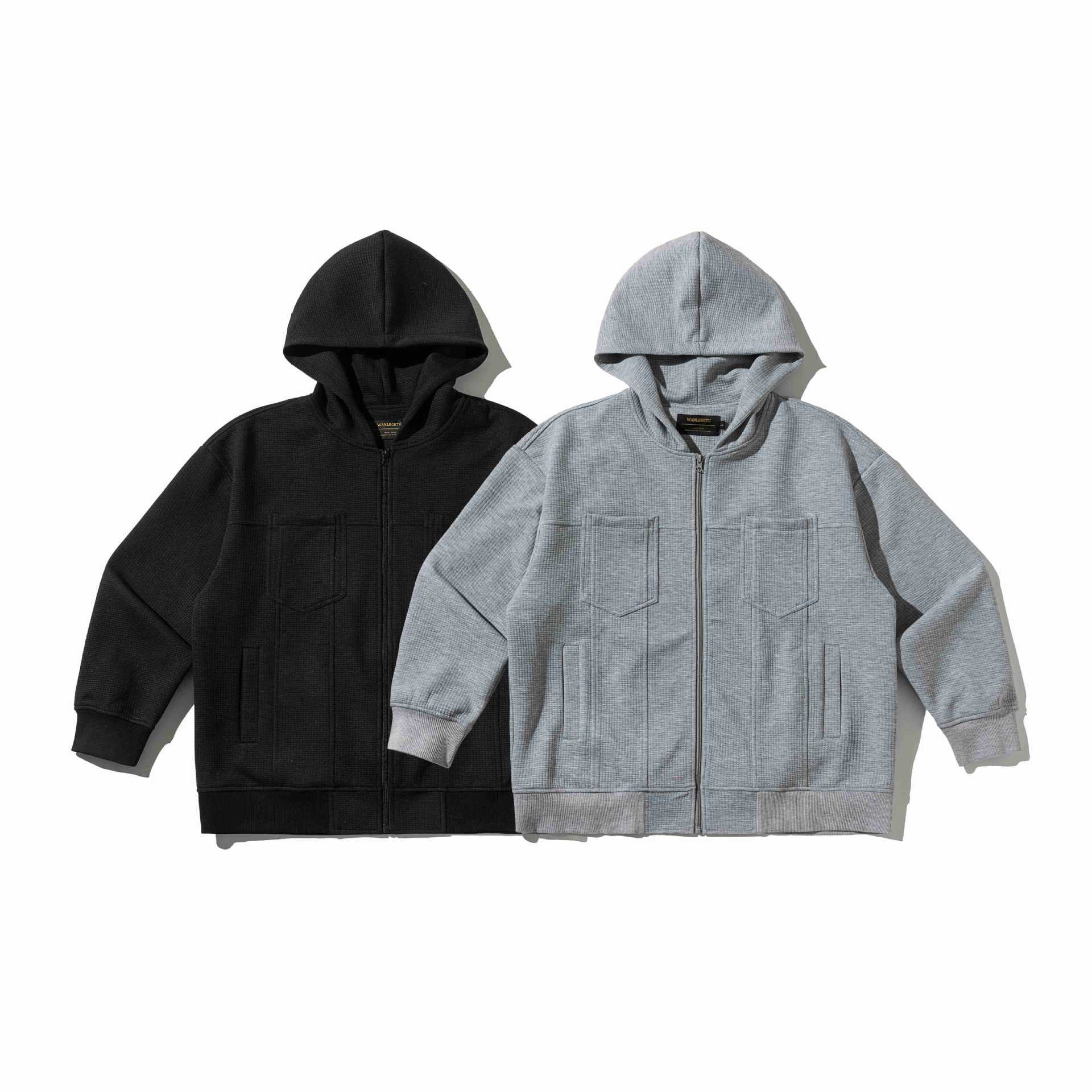 Unisex Textured Hooded Zip Jacket with Waffle Structure and Front Pockets Chichicherry