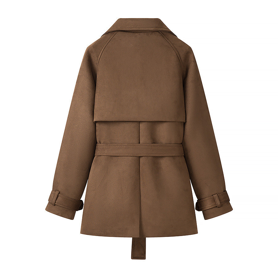 Women Short Suede Trench Coat with Double-Breasted and Waist Belt Chichicherry