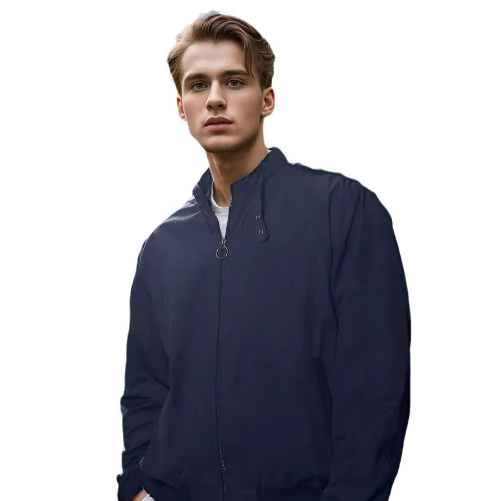 Men's Lightweight Bomber Jacket with Stand Collar, Ring Zipper and Elastic Hem Chichicherry