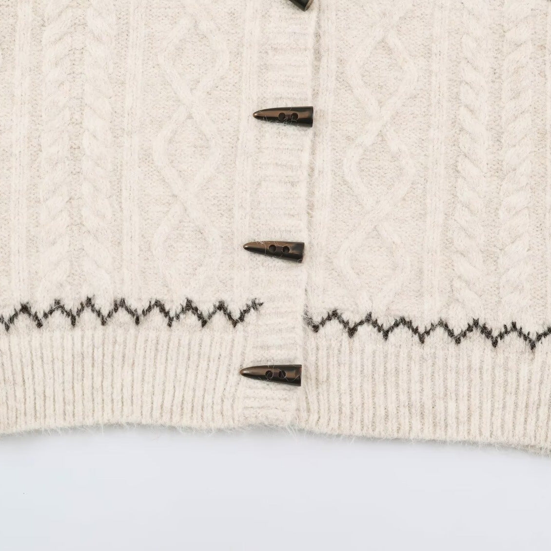 Women's Coarse Knit Hooded Cardigan with Horn Buttons and Norwegian Pattern Chichicherry
