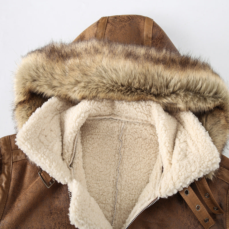 Men's aviator jacket made of vintage leather look with teddy lining and hood Chichicherry
