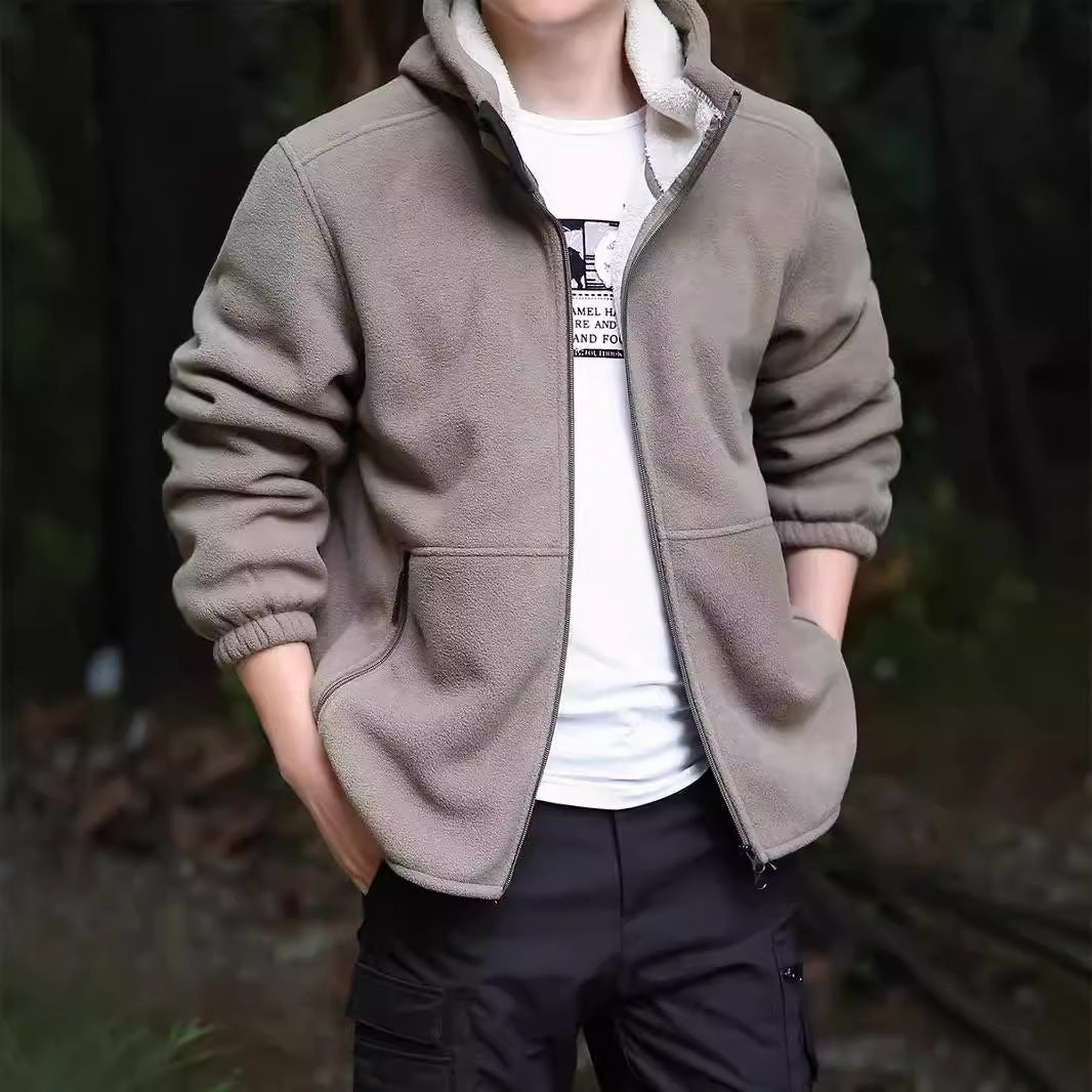 Men's hoodie fleece jacket with Sherpa lining, two-way zipper and wind-resistant front Chichicherry