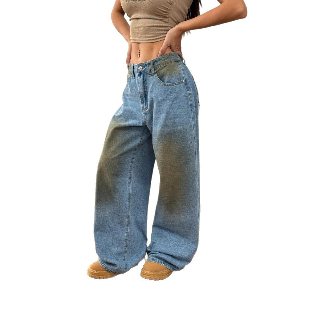 Ladies wide high-waist jeans in vintage wash with faded spot look and extra wide leg Chichicherry