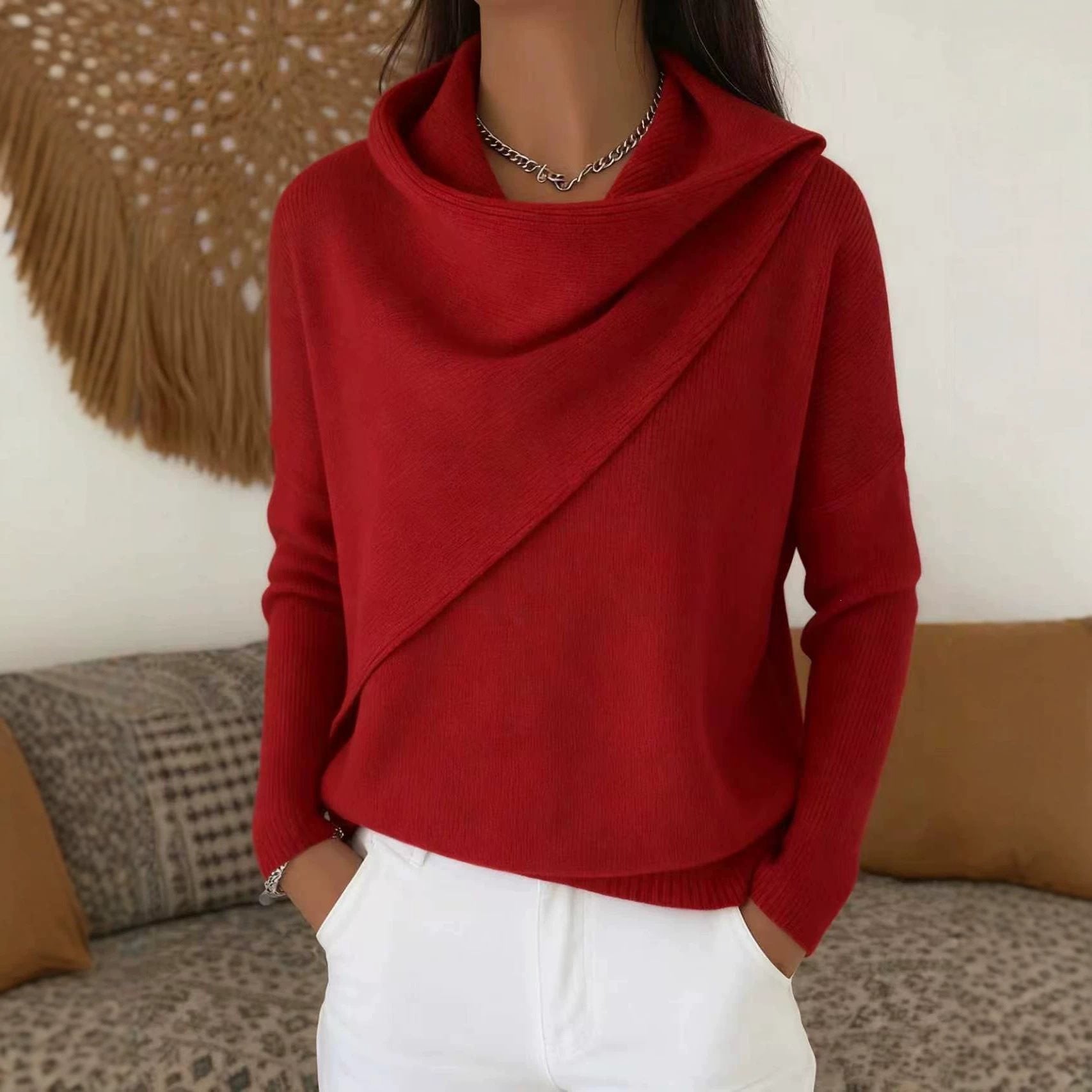 Women's Asymmetric Chunky Knit Sweater with Shawl Collar Chichicherry