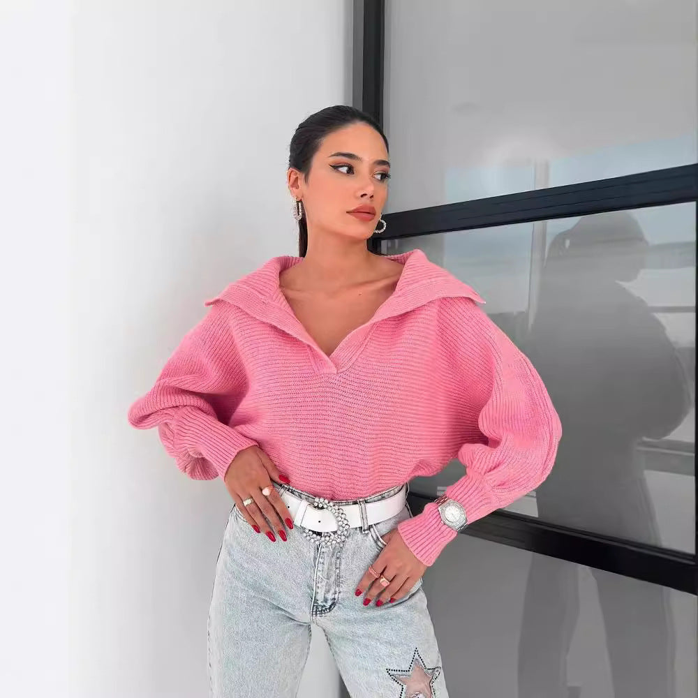 Damen Oversize Rippsweater mit Reverskragen und tiefem V‑Ausschnitt Chichicherry