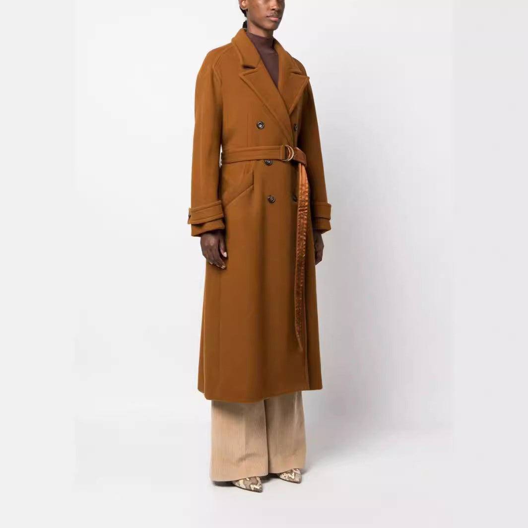 Women Maxilength Double-breasted Wool Blend Coat with Satin Ribbon Waist Belt and Rolled-up Sleeves Chichicherry