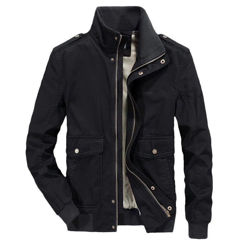 Men's robust canvas field bomber jacket with stand-up collar, shoulder flaps, and multiple pockets Chichicherry