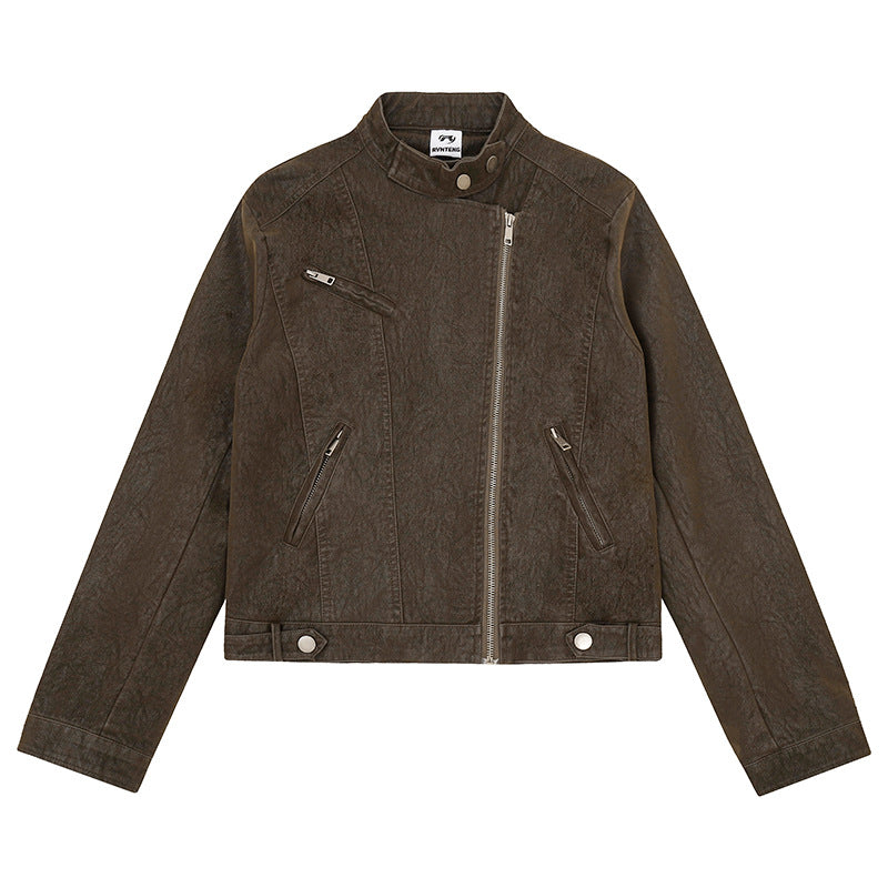 Women's biker jacket made of synthetic leather with asymmetrical zipper and stand-up collar Chichicherry
