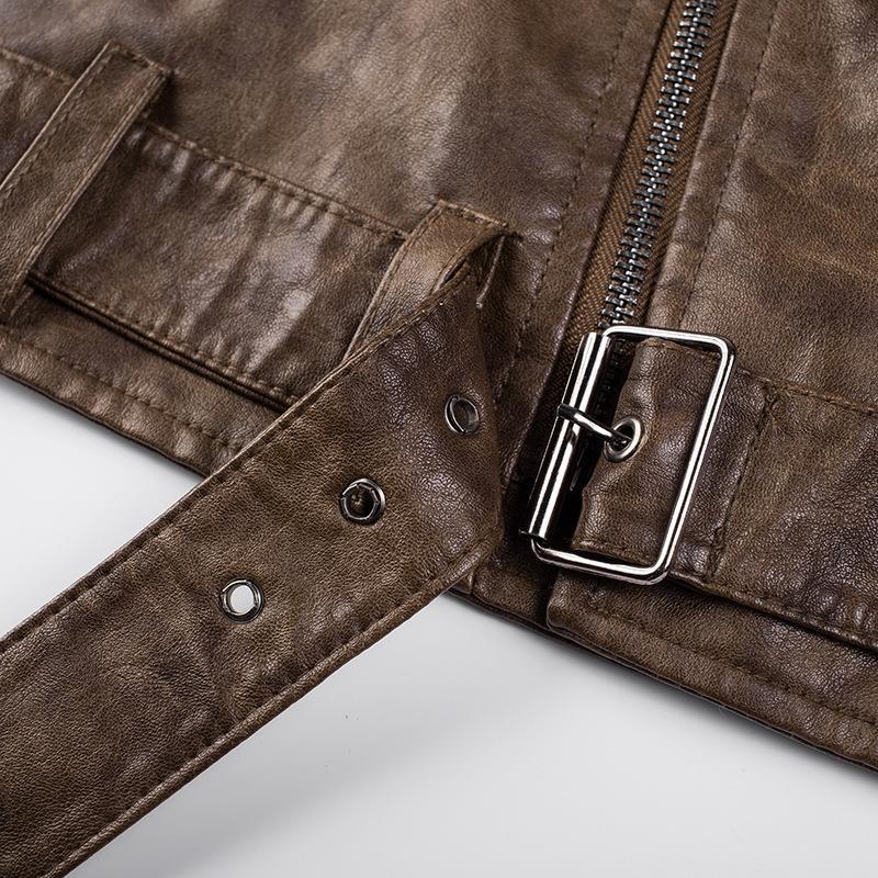 Men's faux leather biker jacket with shoulder quilting, asymmetric zipper, and adjustable belted waist Chichicherry