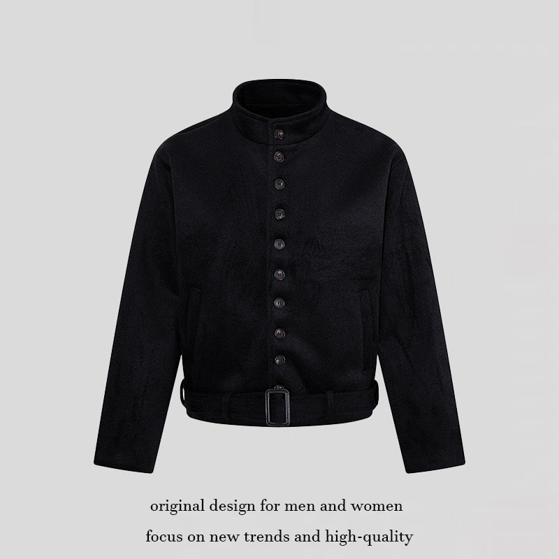 Men's Short Wool Blend Jacket with Stand-up Collar, Full Button Placket and Waist Belt Chichicherry