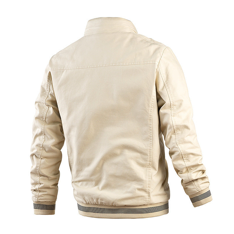 Men's Lightweight Canvas Bomber with Striped Ribbed Cuffs and Stand-Up Collar Chichicherry