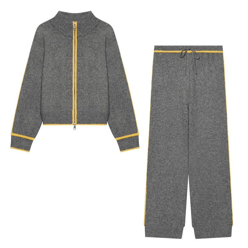 Women Two-Piece Knit Loungewear Set with Short Zip Cardigan and High Waist Palazzo Pants Chichicherry