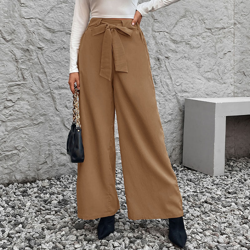 Women Wide High-Waist Pants with Paperbag Waist and Tie Belt Chichicherry