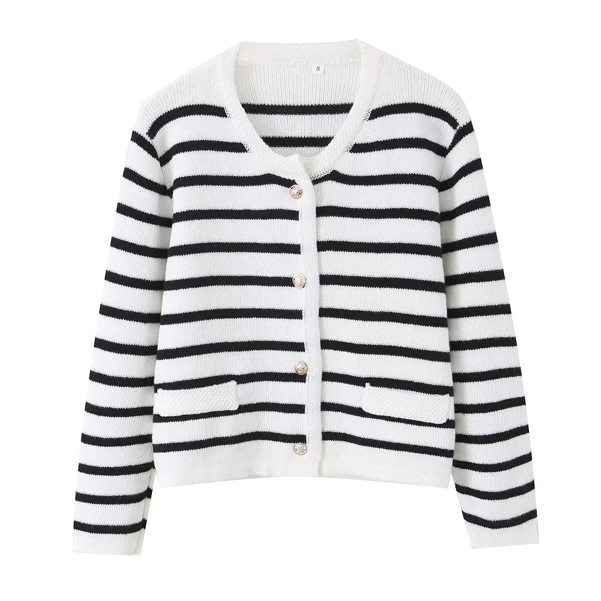 Women Striped Cardigan with Round Neck, Decorative Button Placket and Patch Pockets Chichicherry