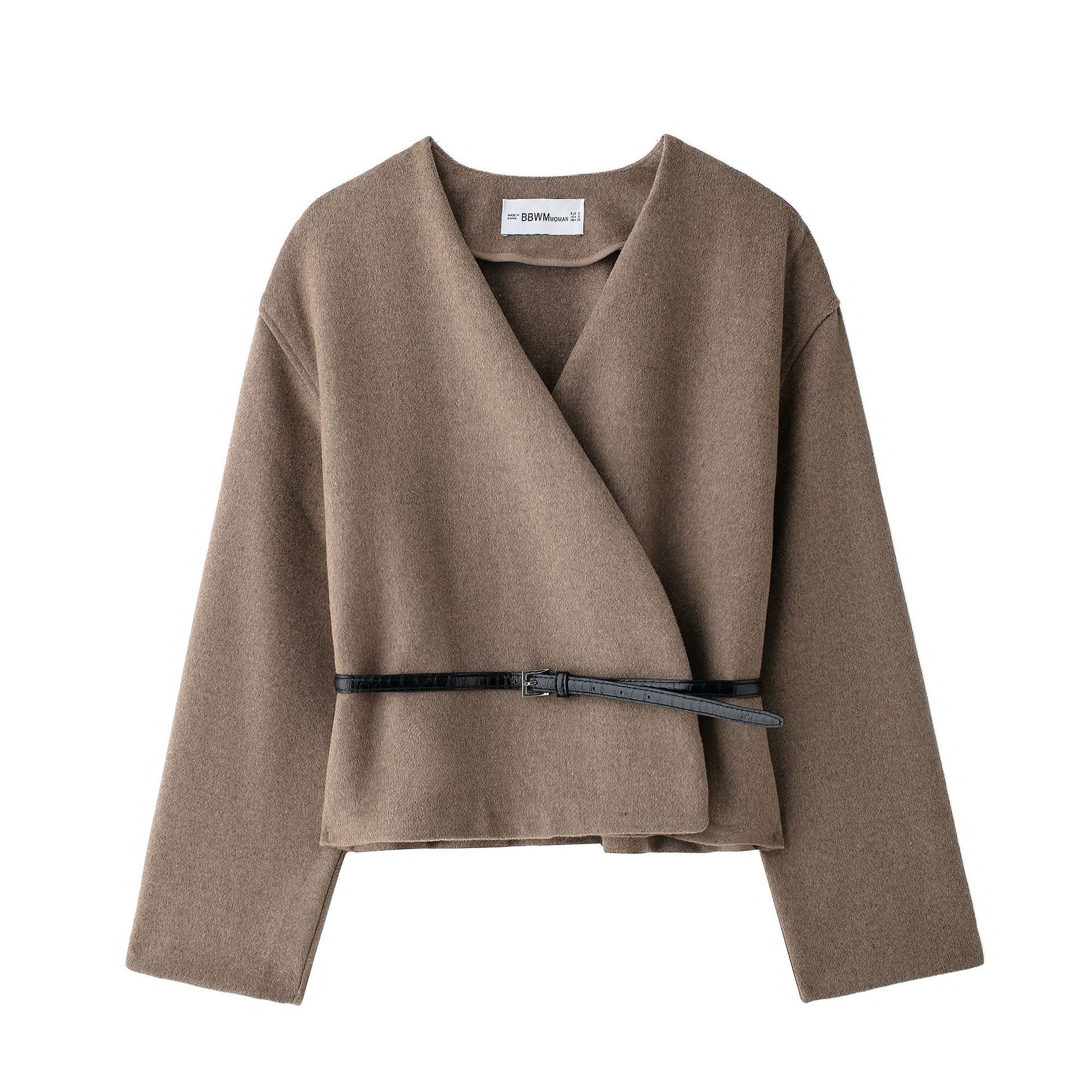 Women's short wrap coat made of wool blend with deep shawl collar and narrow waist belt Chichicherry
