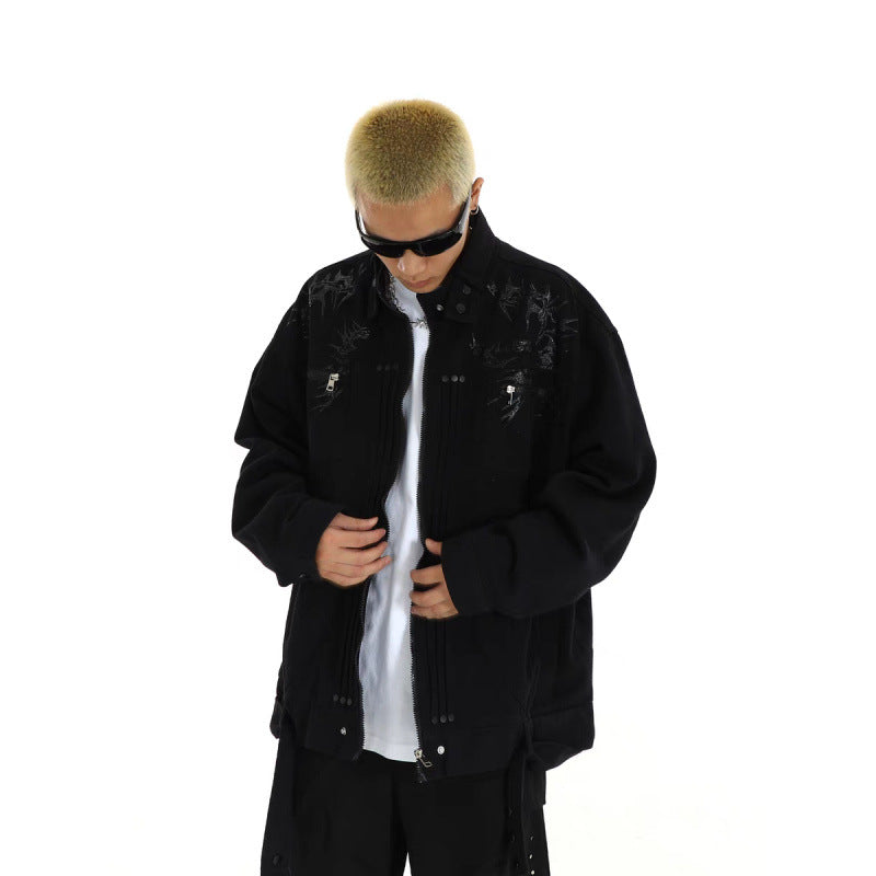 Herren Oversized Utility-Jacke mit Stickerei, Stehkragen, Reißverschluss und langen Gurtbändern Chichicherry