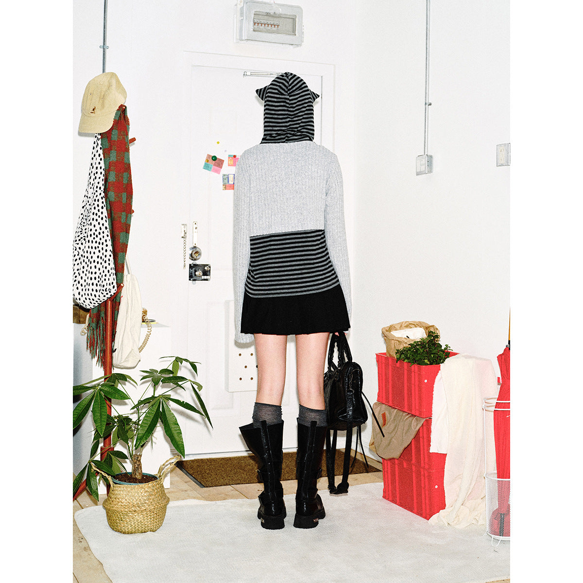 Women's Layered Look Hoodie with Striped Bottom and Short Ribbed Bolero Chichicherry