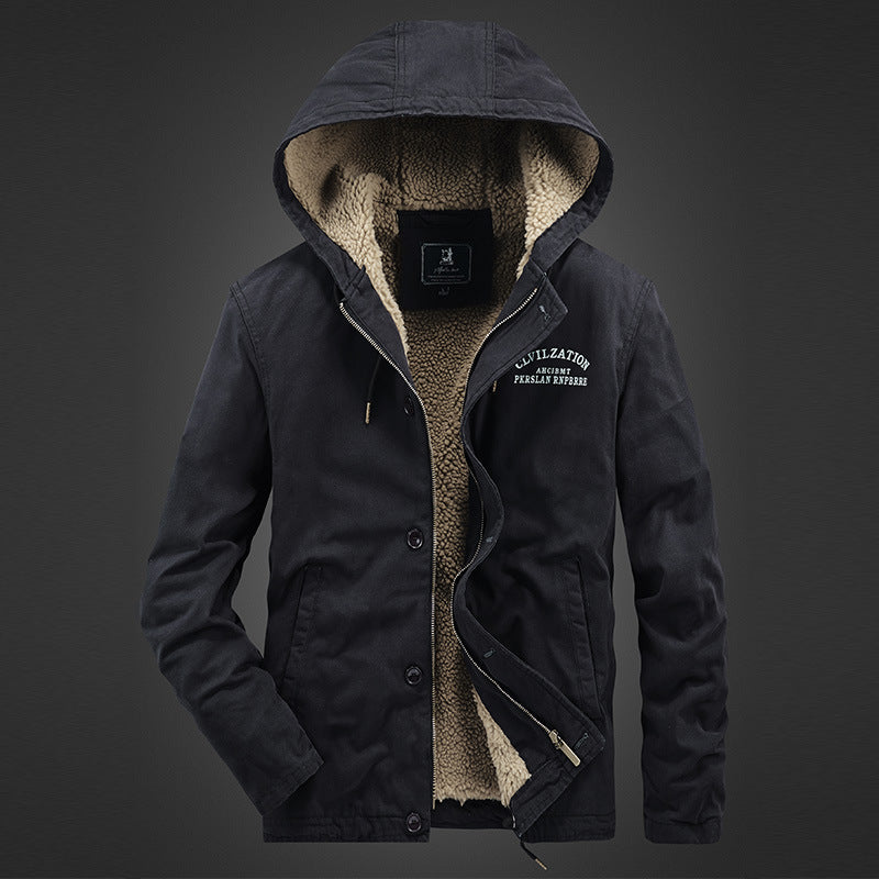 Men's Canvas Hooded Jacket with Sherpa Lining, Concealed Two-Way Zipper and Utility Details Chichicherry