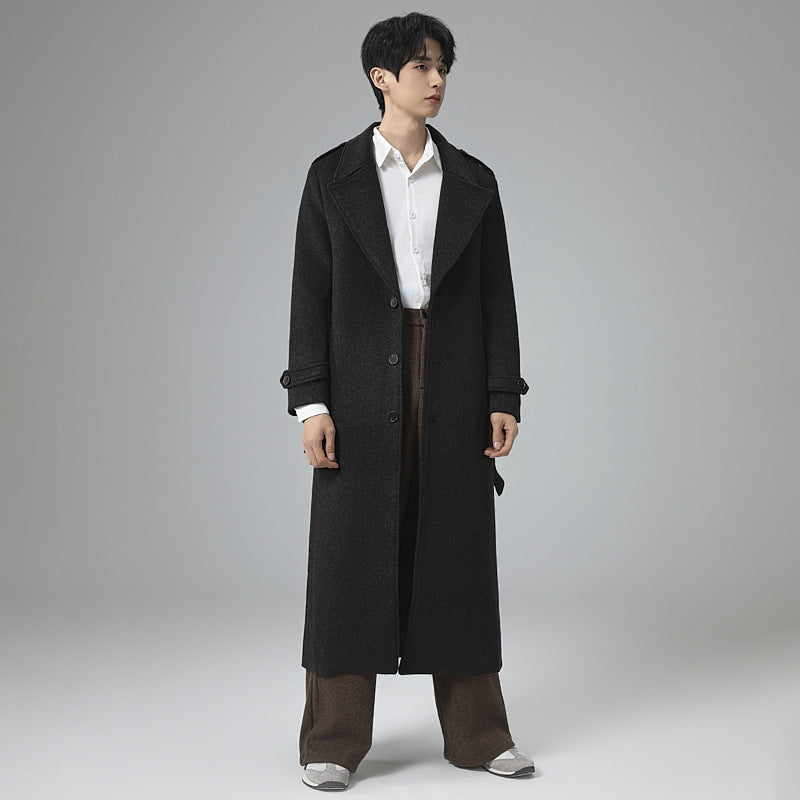 Men's maxi-length wool blend coat with tailored silhouette, shawl collar, and decorative shoulder straps Chichicherry