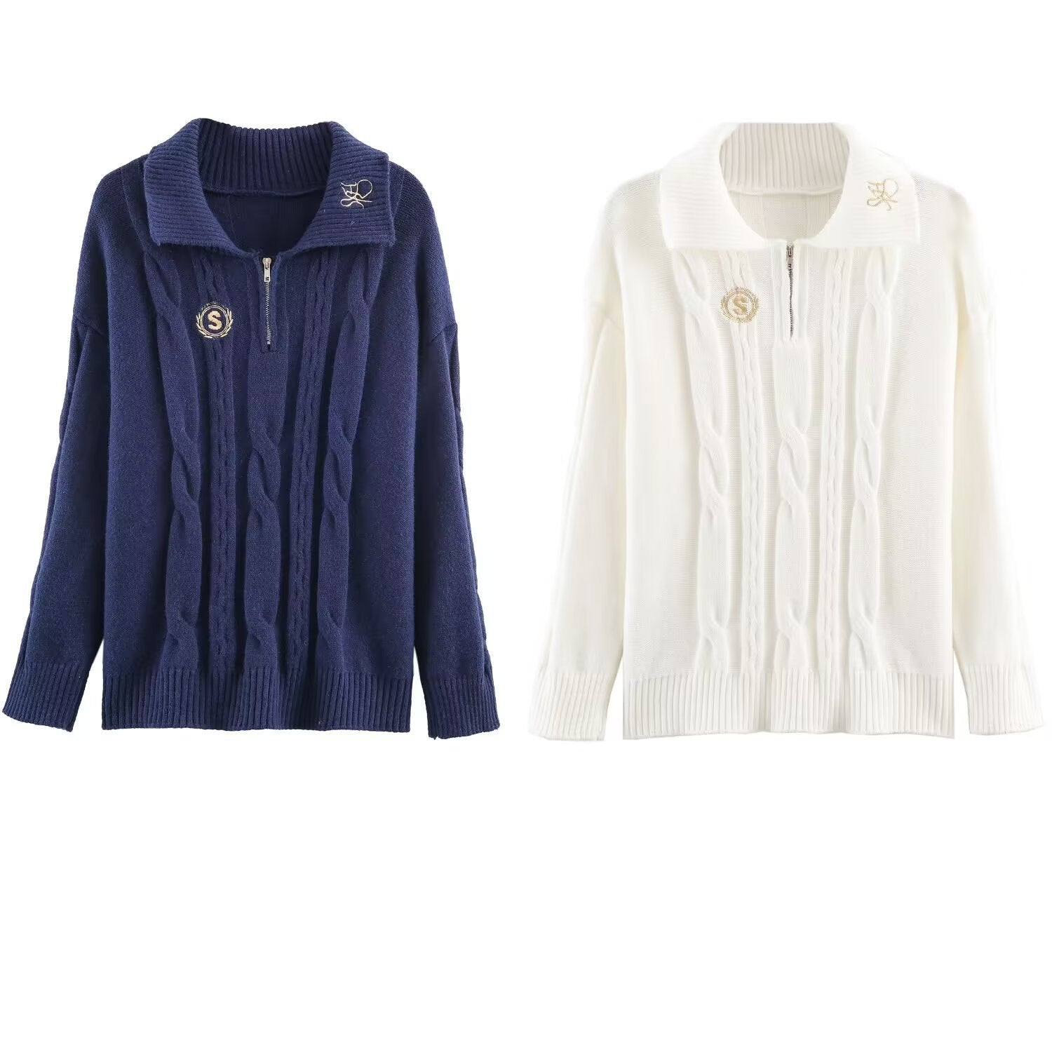 Women's Oversize Cable Knit Pullover with Half Zipper and Shawl Collar Chichicherry