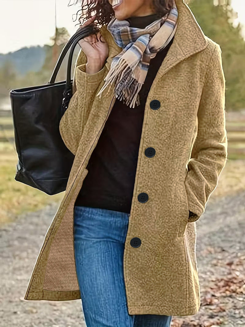 Women's Cozy Teddy Coat in Midi Length with Large Rever Collar and Side Pockets