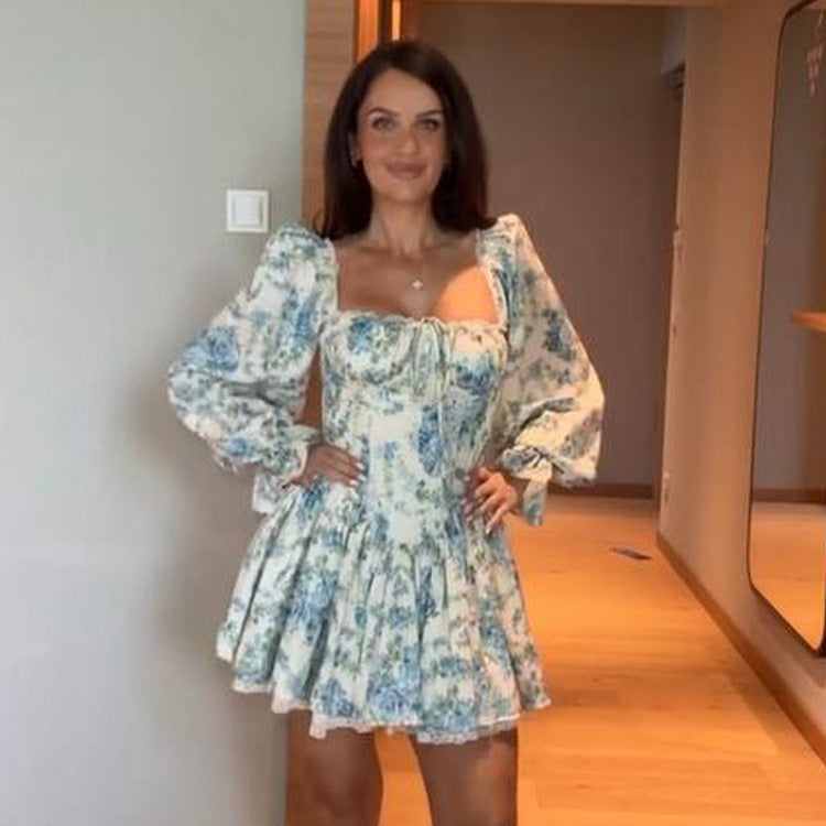 Ladies Corset Mini Dress with Puff Sleeves, Square Neckline and Tiered Ruffle Skirt Chichicherry