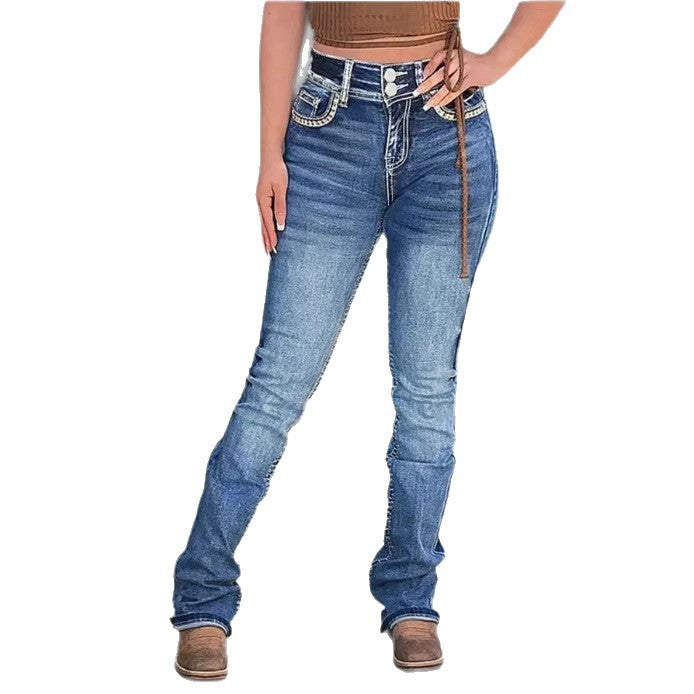 Women High-Waisted Slim-Straight Jeans with V-Shaped Waist and Superstretch Denim Chichicherry