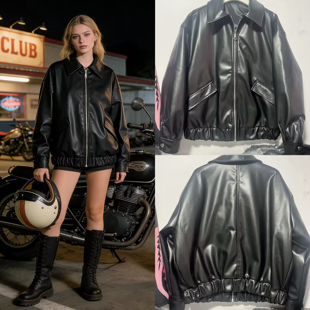 Women's Oversized Faux Leather Bomber Jacket with Zipper, Flap Pockets and Elastic Hem Chichicherry
