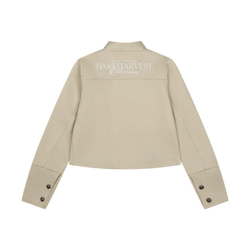 Women's short tailored military jacket with stand-up collar, decorative button rows, and two-way zipper Chichicherry
