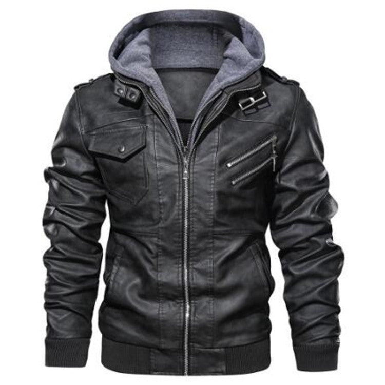 Men's Faux Leather Bomber Jacket with Hood Layer, Shoulder Patches and Utility Pockets Chichicherry