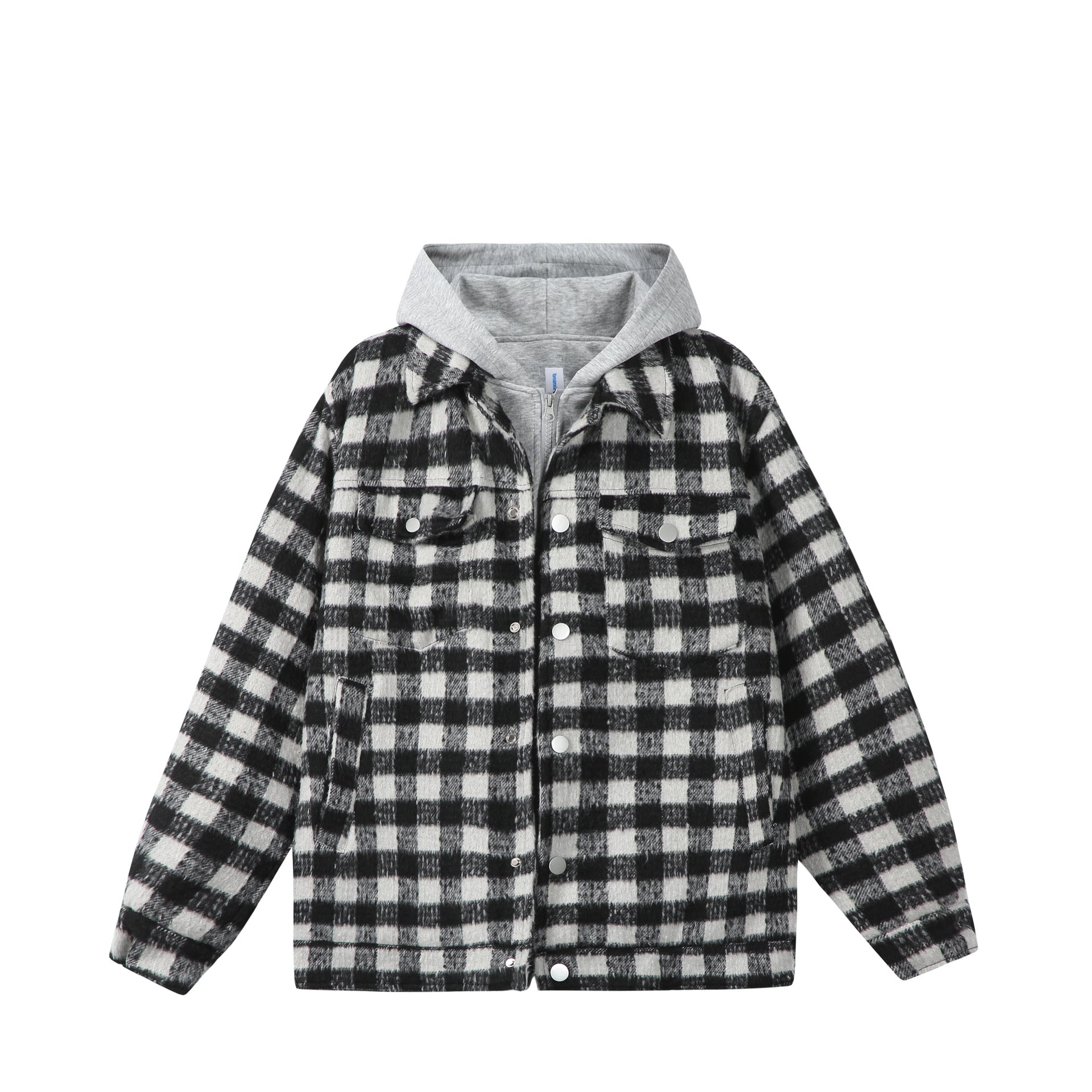 Women's short jacket in shacket style with checked wool look and integrated sweat hood Chichicherry