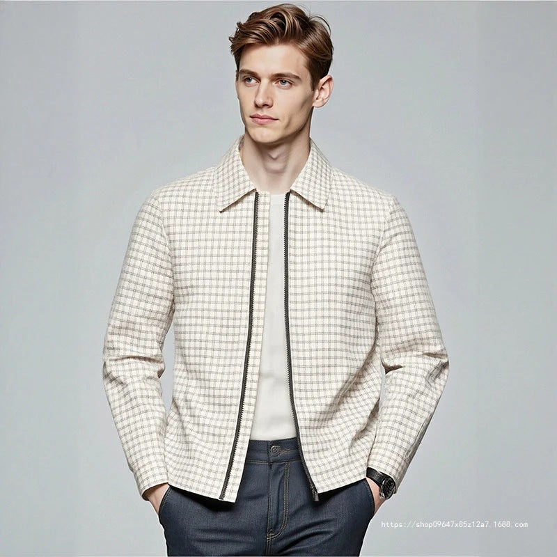Men's Lightweight Checked Overshirt Jacket with Concealed Two-Way Zipper and Shirt Collar Chichicherry