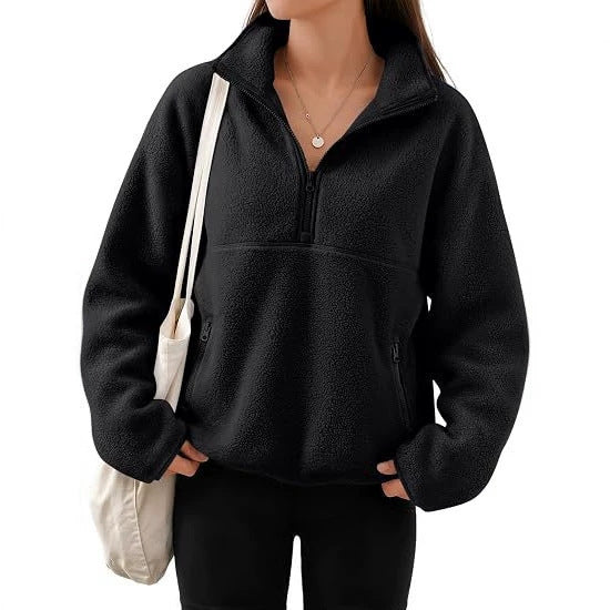 Women's Oversize Sherpa Fleece Pullover with Half Zip and Kangaroo Pocket Chichicherry