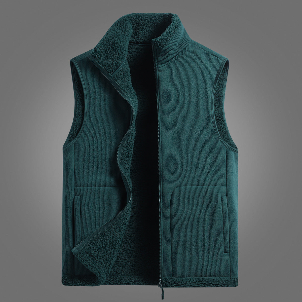 Women's Lightweight Sherpa Layered Vest with Ribbed Exterior Material, High Stand Collar and Front Pockets Chichicherry
