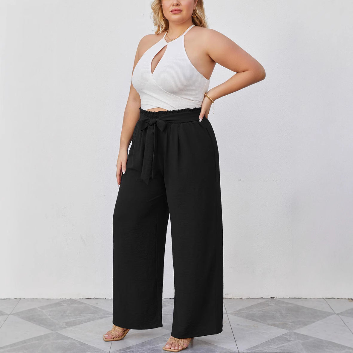 Women's Wide Culottes in Linen Look with Paperbag Waist, Tied Belt and Side Pockets Chichicherry