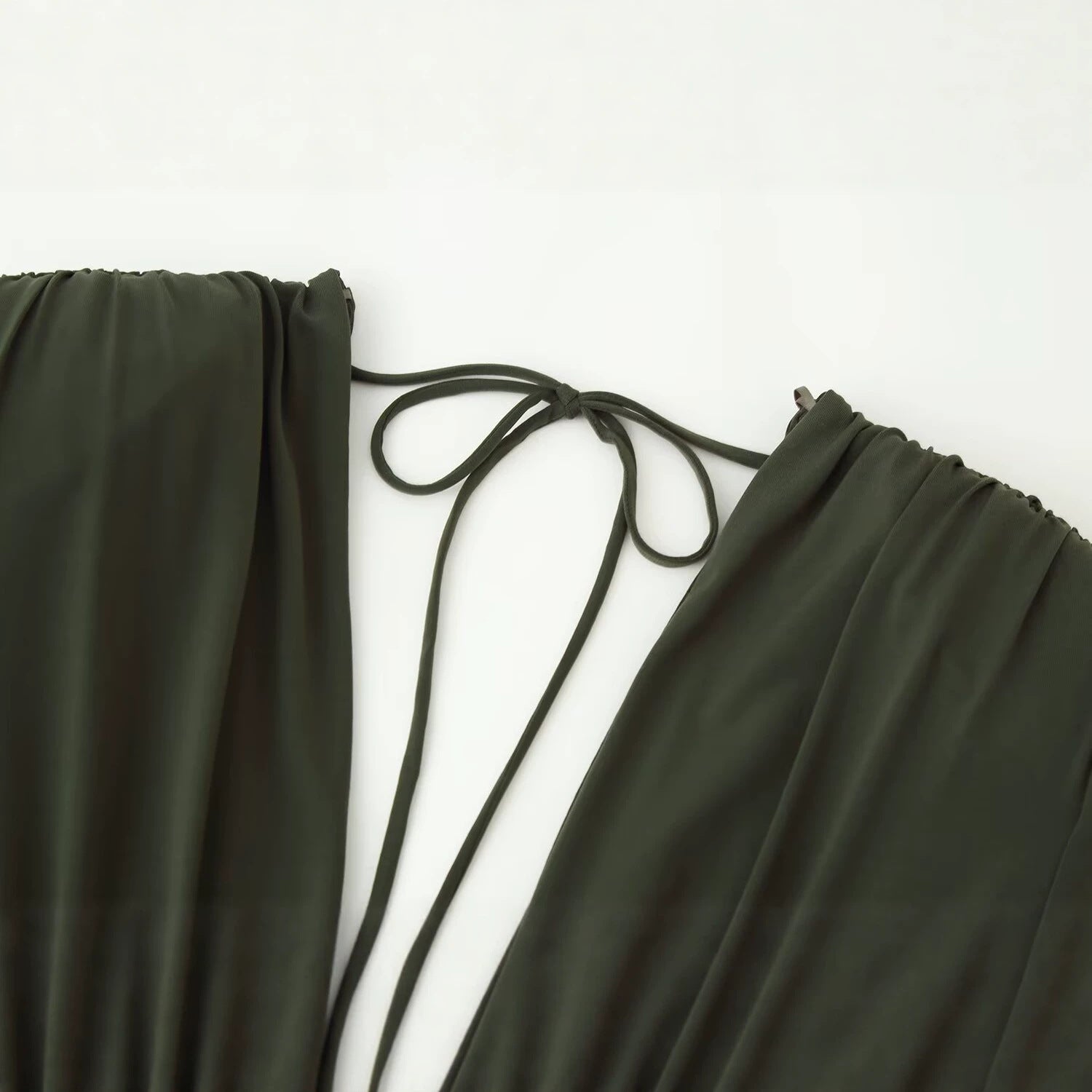 Women's Flowing Maxi Dress with Deep Waterfall V-Neck, Empire Seam and Neck Tie Chichicherry