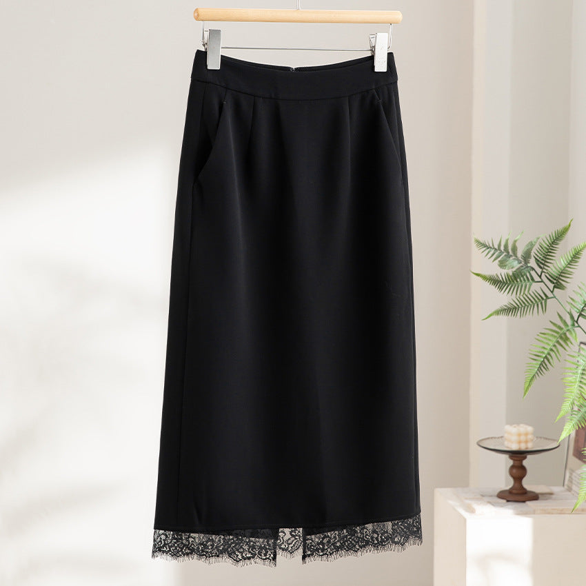 Ladies midi skirt made of satin with lace trim and side pockets Chichicherry